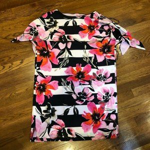 Vince Camuto Women's Stripe Floral Printed Tie Sleeve Shift Cocktail Dress Sz 2